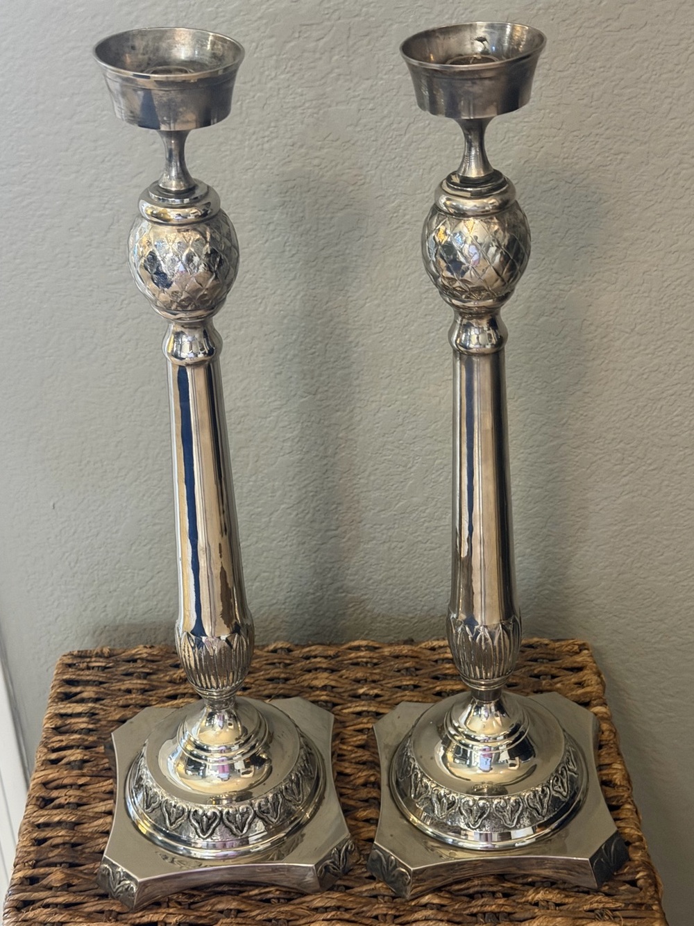 Vintage Hollywood Regency Silver Tone Candlesticks – Tall 20” Heavy Metal Candle